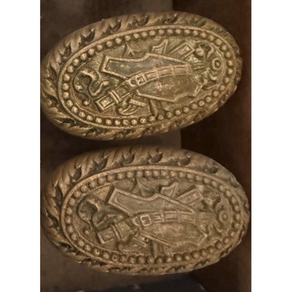 Antique‎ Victorian Brass Oval Door Knobs Shield & Belt Garter Design